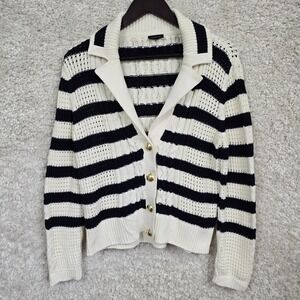 Talbots Striped Cardigan Sweater Womens Medium Navy White Nautical Gold Buttons
